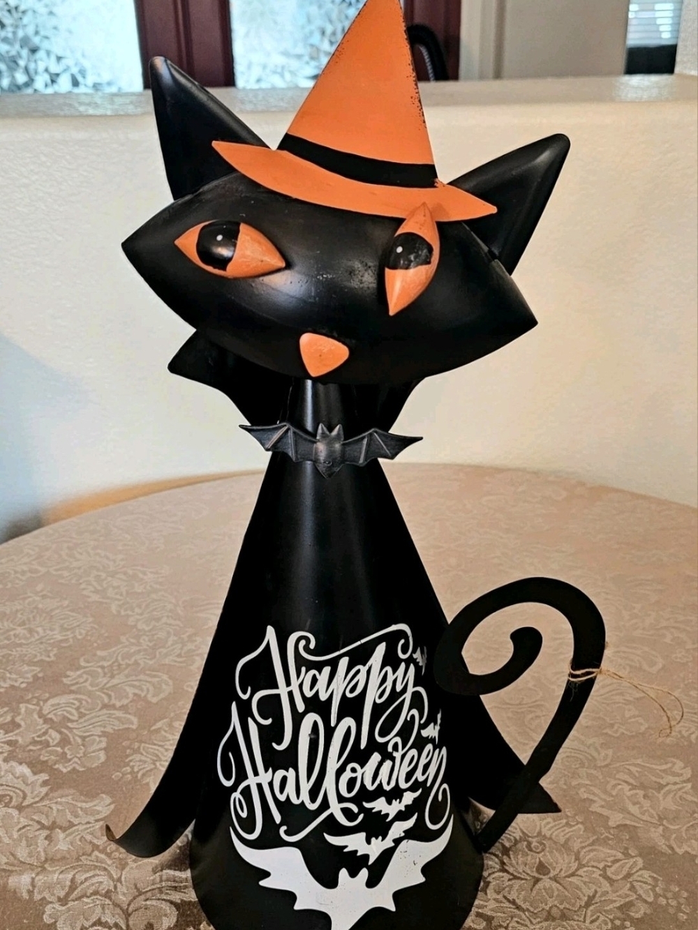 Halloween Bobble Head Black Cat Tabletop Or Porch Décor with Orange Witch Hat